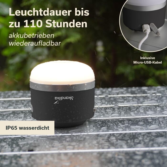 Туристичний ліхтар Skandika Tarfala Світлодіодний ліхтар, акумуляторний, плавне регулювання яскравості, гачок для підвішування, USB-порт, портативний зовнішній акумулятор 3600 мАг, теплий білий, холодний білий, 110 годин автономної роботи Ліхтар для намет