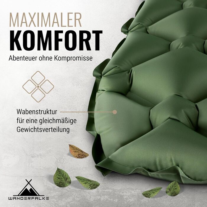 Надувний килимок для сну WANDERFALKE 550 г, ультралегкий - (XL ширина 66 см) - кемпінговий матрац з невеликим розміром упаковки для активного відпочинку, кемпінгу, піших прогулянок та велотуризму, зелений