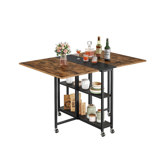 Розкладний обідній стіл, кухонний стіл, мобільний стіл, розкладний стіл з 6 коліщатками, що блокуються, та 2 полицями, для кухні, вітальні, квартири, сільський коричневий та чорний DTCZ01BF Рустикальний коричневий, чорний