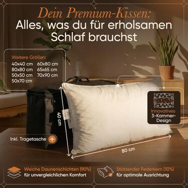 Пухова подушка BEFA NATUR 40x80 см 3-камерна подушка 90 пух та 10 пір&39я Вага наповнювача 700 г Підходить для алергіків (NOMITE) Сертифіковано для тварин (DOWNPASS) Oeko-TEX Клас 1 Зроблено в Німеччині 40x80 см