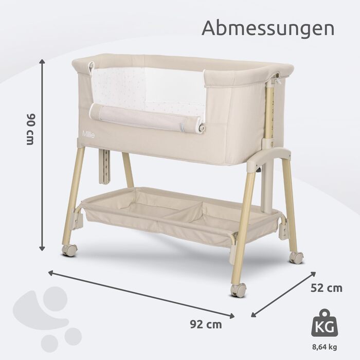 Дитяче ліжечко Lorelli Baby Millie, колиска зі складною бічною панеллю, регульоване по висоті дитяче ліжечко з матрацом, складне приліжкове ліжечко, бежевий колір