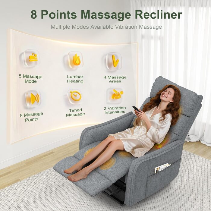 Крісло-реклайнер для телевізора з підйомником, електричне масажне крісло з функцією відкидання, масажем та підігрівом, крісло для телевізора, шезлонг, м&39яке крісло, крісло для вітальні з 2 пультами дистанційного керування, сірий