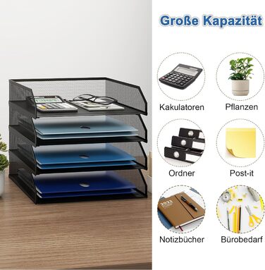 Лоток для документів PUNCIA A4, лоток для листів з 4 металевими відділеннями, органайзер для файлів, лоток для паперу, система для зберігання документів, тримач для документів для офісу, навчання, школи, чорний, 32 x 24,5 x 30 см