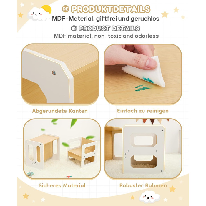 Комплект столу та стільців Yorbay для дітей, Дитячий стіл з 1 стільцем, Комплект дитячих сидінь 3-в-1 - Двосторонній стілець та дитяча лавка, що трансформується в робочу станцію, Дитячі меблі (Натуральний, M) Натуральний середній