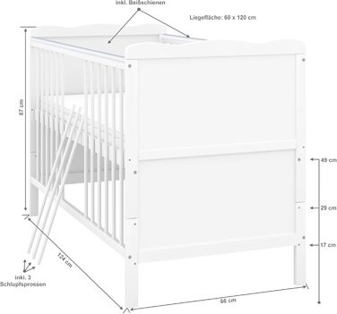 Дитяче ліжечко 60x120 см біле з матрацом з алое вера, яке трансформується в дитяче ліжко з прорізувачами Max