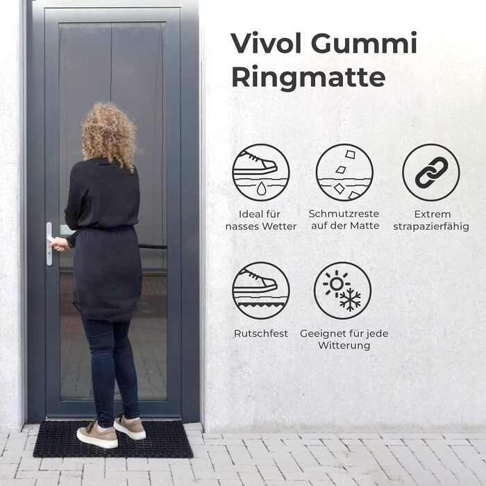 Килимок Vivol з гумовими кільцями 100x150 см, чорний - Килимок для зовнішнього використання в саду або біля задніх дверей - Гумові килимки для зовнішнього використання доступні в різних розмірах 150Д x 100Ш x 2,3Г см