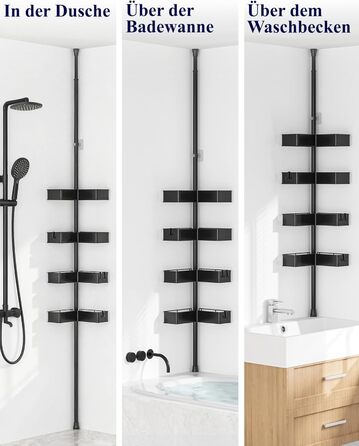 Кутова полиця для душу Kitsure з телескопічною стійкою, регульована по висоті, металеві кошики, монтаж без свердління, висота 87-290 см, ширина 24.6 см, чорний колір (24.6 x 24.6 x 290 см)