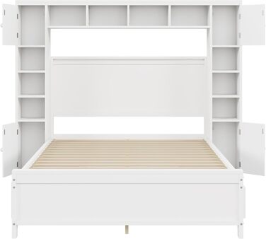 Настінне ліжко 140x200, настінне ліжко з рейковою основою, ліжко-мерфі з 4 шухлядами та великою шафою для зберігання, ліжко з масиву дерева, двоспальне ліжко, каркас ліжка (білий) A-white