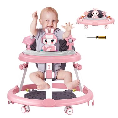 Дитячі ходунки 3 в 1 з килимком на підлозі, шасі з 6 коліс та захистом від перекидання, регульована висота, ходунки з музичним підносом та іграшками, складаються для зручного зберігання, ідеально підходять для хлопчиків, рожеві