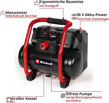 Акумуляторний компресор Einhell TE-AC 36/150 Li OF-Solo Power X-Change (36 В, макс. 8 бар, бак 6 л, продуктивність всмоктування 15