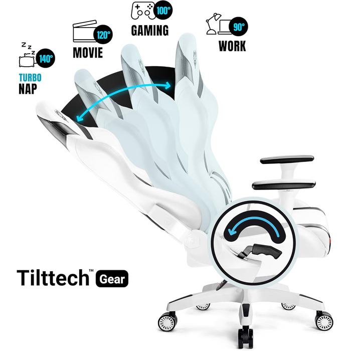 Геймерське крісло Diablo X-Horn 2.0, офісне крісло, геймерське крісло, стільці з 3D-підлокітниками, ергономічний дизайн, подушка для шиї/світлова подушка, штучна шкіра, функція гойдання, білий розмір King (XL)