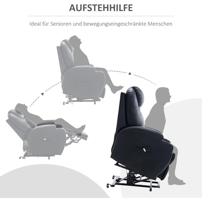 Електричне крісло-реклайнер HOMCOM з підйомником, розкладне крісло з пультом дистанційного керування, підстаканник, бічна кишеня, підставка для ніг, штучна шкіра, чорний колір