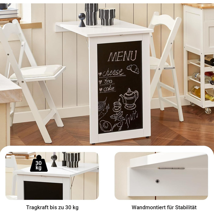 Настінний розкладний обідній стіл SoBuy з відкидною дошкою, розкладний обідній стіл з дошкою для записів, компактний розкладний стіл для кухні, офісу та невеликих кімнат, білий, 50 см x 75 см x 76 см, FWT20-W