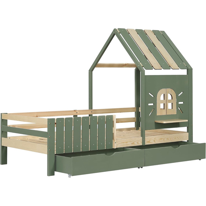 Дитяче ліжко 90x200 см, дерев&39яне ліжко з 2 шухлядами, ліжко-будиночок з дахом та вікном, каркас ліжка з рейковою основою, для дівчаток та хлопчиків, зелене, без матраца 90 x 200 см B