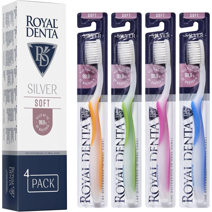 М'яка зубна щітка Royal Denta Silver 4-Pack - ефективне чищення міжзубних проміжків, частинки срібла, багатобарвний