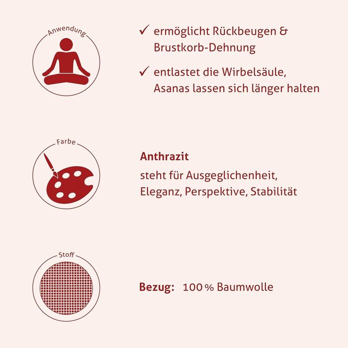 Йога-болстер Йога-рол ручної роботи, Німеччина Діаметр 24 см - довжина 64 см Практична ручка для перенесення Наповнювач зі 100 лушпиння спельти Чохол антрацитового кольору, 100 бавовна, можна прати