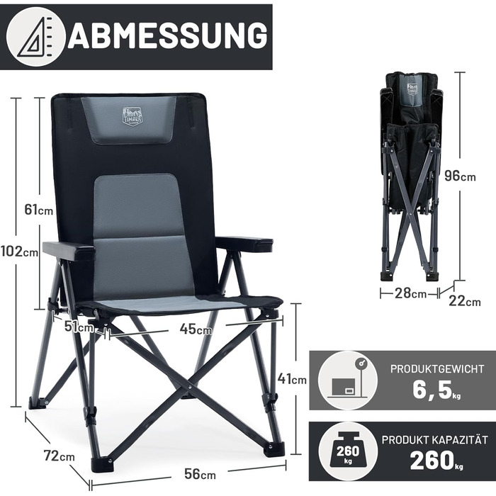 Складаний кемпінговий стілець TIMBER RIDGE, вантажопідйомність 260 кг, регульований у 4 положеннях, м&39який, висока спинка з сумкою для перенесення, кемпінговий стілець, садовий стілець для саду, балкону, кемпера, пікніка, 2 шт. чорного кольору