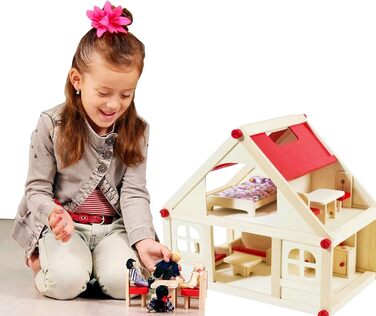 Дерев&39яний ляльковий будиночок Іззі з 2 поверхами, 4 ляльками та 9 предметами меблів Ручка для перенесення (Дитячий ляльковий будиночок з 2 поверхами, меблями та аксесуарами) - (38 x 27 x 39 см) 2-поверховий ляльковий будиночок