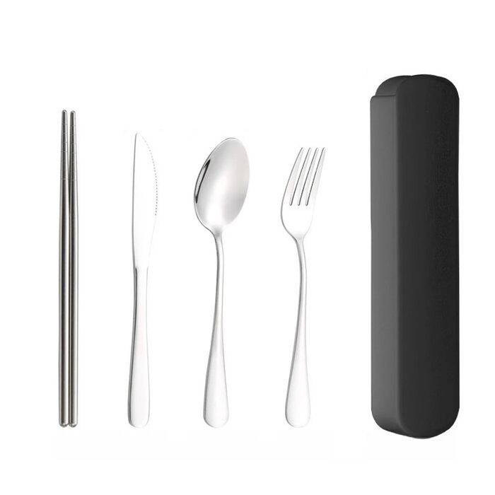 Універсальний набір столових приборів для подорожей та кемпінгу з 5 предметів, портативний посуд, палички для їжі з нержавіючої сталі, ложка, виделка, ніж для стейку з футляром для зберігання (чорний)