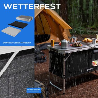 Складана кемпінгова кухня, алюмінієва шафа для кемпінгу з регульованою висотою, дорожня кухня з робочою поверхнею та відділеннями для зберігання, для кемпінгу на свіжому повітрі, включаючи сумку для перенесення 120x47x70, чорна, Praia, 24MOVE