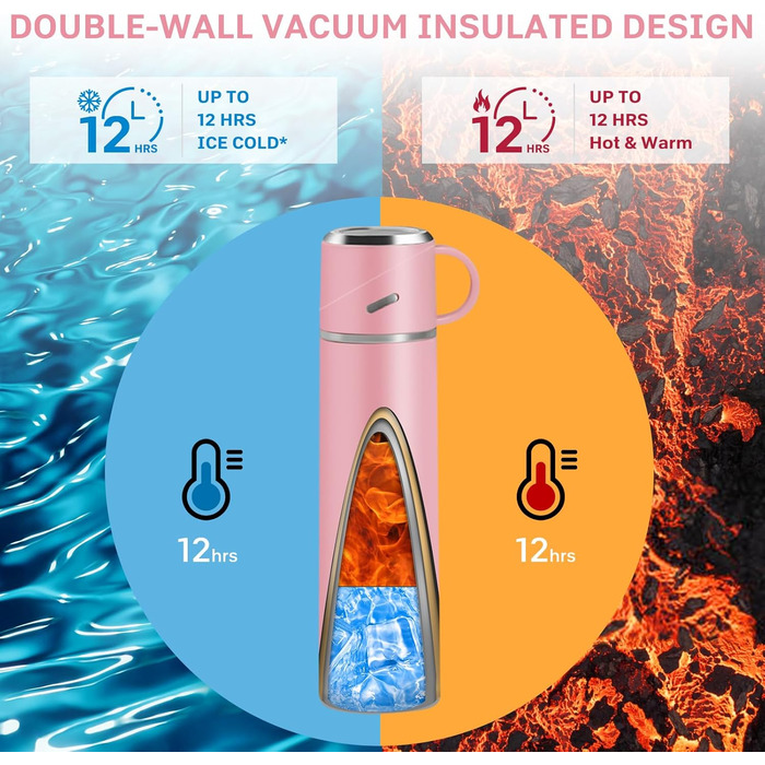 Термос 550 мл, ізольована пляшка для води з нержавіючої сталі, герметичний термос з чашкою та ручкою, без BPA, пляшка для води з подвійними стінками, зберігає напої гарячими та холодними протягом 12 годин, для використання в дорозі, на роботі та у спорті,