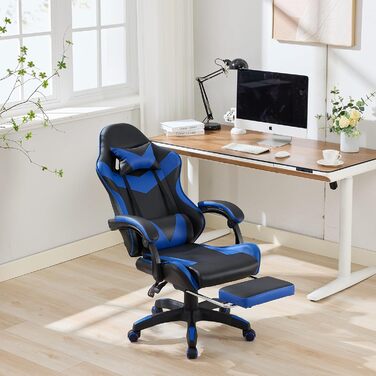 Ігрове крісло Anwick з підніжкою та регульованою поперековою опорою офісне крісло з регульованою висотою в гоночному дизайні, включаючи підголівник та вантажопідйомність 150 кг (синє)