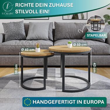 Набір журнальних столиків з 2 шт. , виготовлений з масиву дуба та сталі, Ручна робота в Європі, Журнальний столик, Стіл для вітальні, Журнальний столик, Чорний, Круглий, Ø50x43 см / Ø40x38 см Ø50x43 см / Ø40x38 см Дуб, Чорний