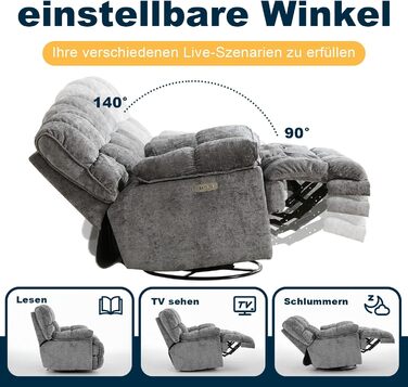 Крісло-гойдалка з функцією відкидання та гойдання, надзвичайно велике електричне крісло для телевізора, надзвичайно широке поворотне крісло-гойдалка, електрично регульований кут нахилу 90-140, порти USB та Type-C, сірий