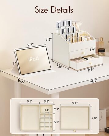 Органайзер для макіяжу VLANDO з 3 шухлядами, органайзер для туалетного столика, органайзер для косметики, органайзер для макіяжу для ванної кімнати, догляд за шкірою комода, бежевий