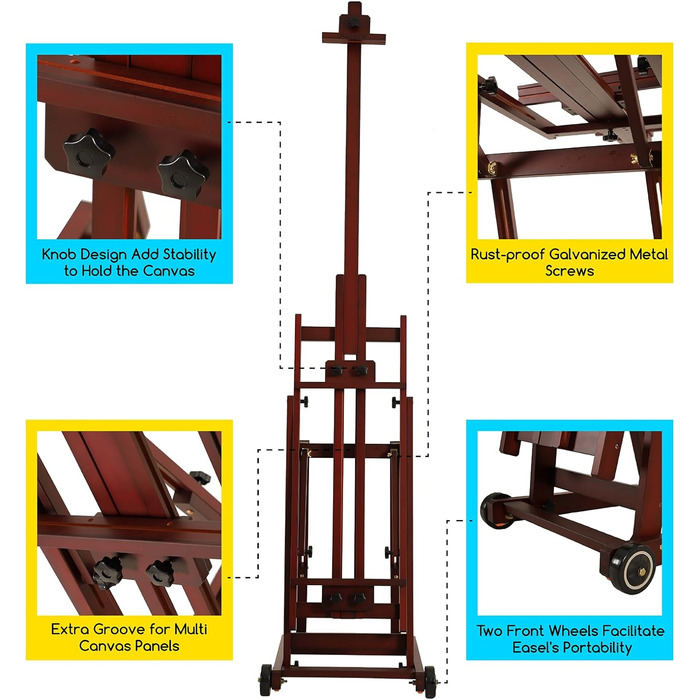 Багатофункціональний студійний мольберт MEEDEN, мольберт з H-подібною рамкою, мольберт з масиву бука з передніми колесами, може вміщати полотна до 196 см (77''), колір горіха