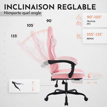 Ігрове крісло, Ігрове крісло, Ергономічне ігрове крісло з підставкою для ніг, Ергономічне офісне крісло з поперековою опорою, Регульована спинка 90-135, Рожевий/Білий
