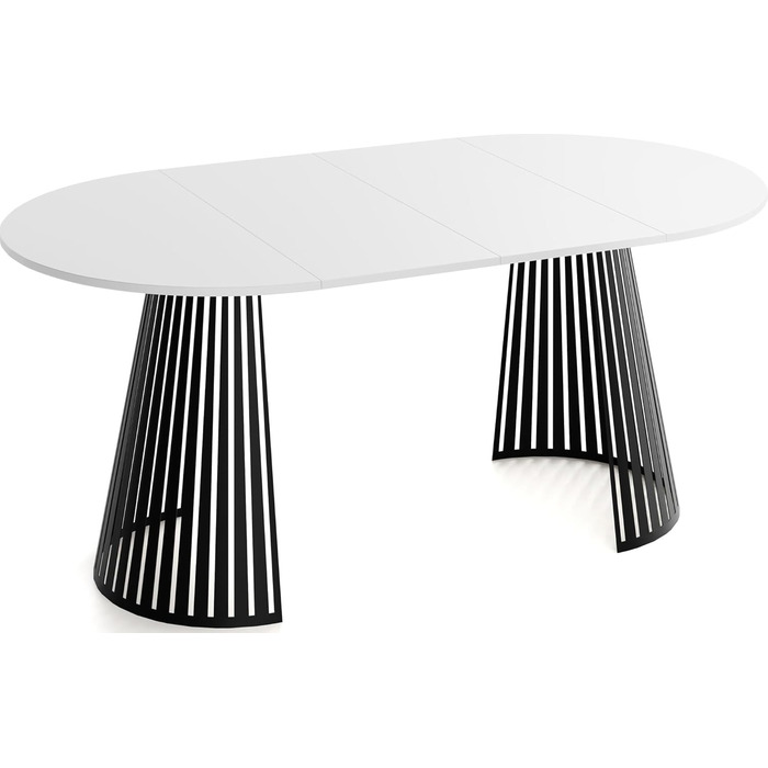 Круглий розкладний обідній стіл з ламелями в стилі лофт 120-200 см Промисловий стіл з чорними металевими ніжками, компактний для вітальні або їдальні білий 120/200 см