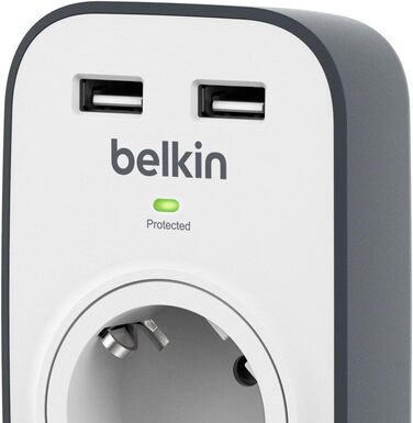 Розетка та захист від перенапруги, одностороння/1 вилка з захистом від перенапруги, захищена вилка з USB-роз'ємами x 2 (2,4 А), бі