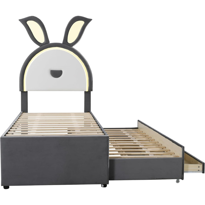 Дитяче м&39яке ліжко 90x200 см з світлодіодною підсвіткою у формі вуха кролика, односпальне ліжко з висувним ліжком та 3 шухлядами для зберігання речей для 2 дітей, каркас ліжка з рейковою основою з дерева, оксамит, сірий колір, без матраца