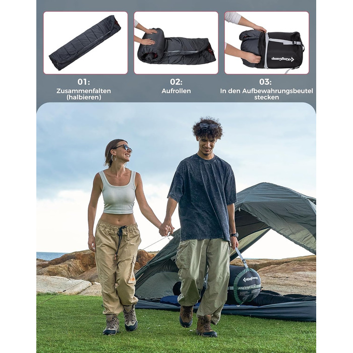 Подвійний спальний мішок KingCamp, бавовняний фланелевий зимовий спальний мішок для 2 осіб, тепла ковдра-спальний мішок, 3-4 сезони з 2 фланелевими подушками для дітей та дорослих, кемпінг, подорожі та активний відпочинок, довгий - сірий