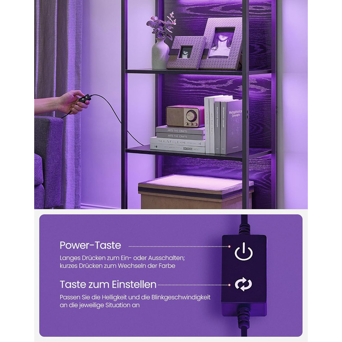 Рівнева книжкова полиця VASAGLE, окремостояча полиця з регульованим світлодіодним освітленням, сталевий каркас, 30,3 x 60 x 178,6 см, для вітальні, спальні, кабінету, чорний колір Ebony Black LLS120B57 60B см, 6-