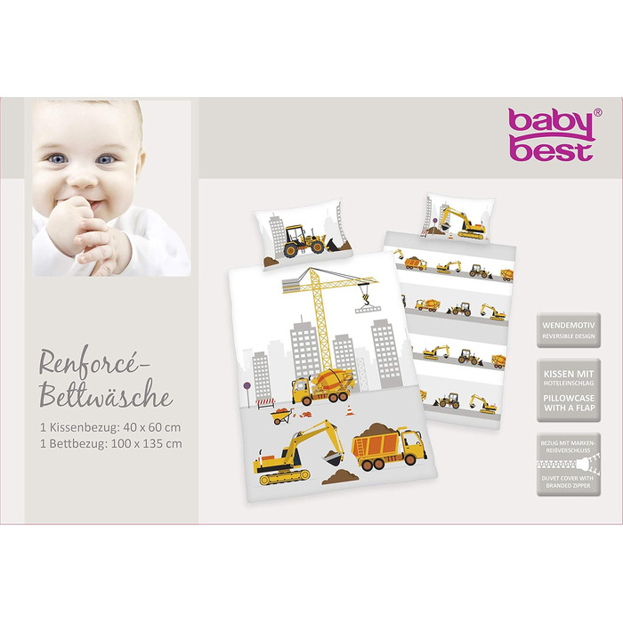 Комплект дитячої постільної білизни Herding Baby Best, двосторонній мотив Jana Baustelle, підковдра 100 x 135 см, наволочка 40 x 6