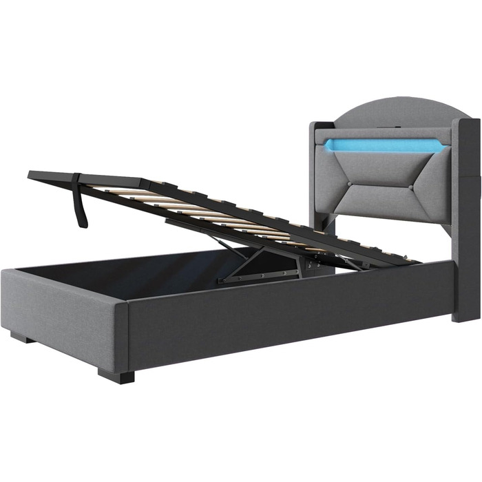 М&39яке односпальне ліжко 90x200 см зі світлодіодним освітленням, портом USB-C, гідравлічним ліжком, дитяче ліжко з місцем для зберігання та узголів&39ям, каркас ліжка з металевим каркасом, коробкою для зберігання та рейковою основою, лляне, сіре, без мат
