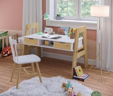 Дитячий письмовий стіл Bellabino Campo регульований по висоті з дерева в білому/натуральному кольорі з 2 шухлядами, 1 полицею і 3