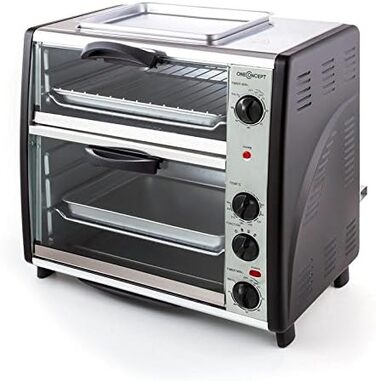 Подвійна духова шафа oneConcept All-You-Can-Eat - електрична духовка, дві окремі камери для випічки, загальний об'єм 42 літри, пластина для гриля, 2400 Вт, регульована температура 60-240C, нержавіюча сталь, срібло