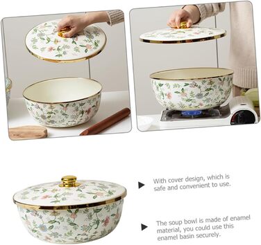 Емальована миска для супу Alipis з кришкою, велика кухонна миска для змішування 29 см, багатоцільова емальована миска для зберігання та приготування їжі