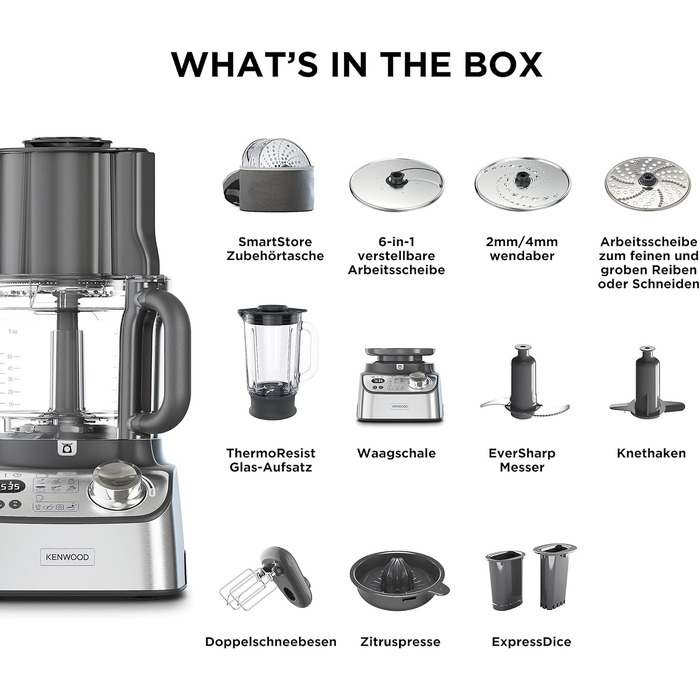 Компактний кухонний комбайн Kenwood MultiPro XL Weigh FDM72.990SS з вбудованими вагами та таймером, ExpressDice, робочий контейнер на 3 л, змінна швидкість, жолоб подачі XL, 1000 Вт, компактний кухонний комбайн Silver з кубиками Express Dice