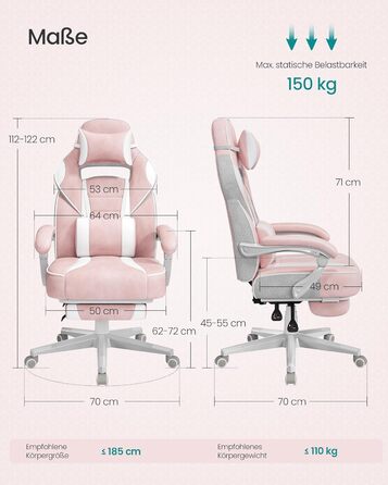 Ігрове крісло SONGMICS, офісне крісло з підставкою для ніг, робоче крісло з підголівником та поперековою подушкою, регульована висота, ергономічне, вантажопідйомність до 150 кг, пастельно-рожевий OBG073P01 пастельно-рожевий кремово-білий