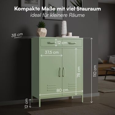 Металевий комод skølm Atria Сервант м&39ятно-зеленого кольору Металева шафа з 2 полицями та 2 шухлядами Багатоцільова шафа Промислова висока комод Шафа для зберігання/Шафа для коридору Гнучкі полиці, м&39ятно-зелений з шухлядами