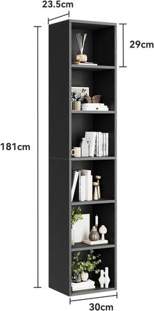 Книжкова полиця, 6-ярусна книжкова шафа, вузька книжкова полиця, окремостояча полиця, сучасна відкрита дерев&39яна полиця, для вітальні, спальні, офісу, кабінету, 23,5 x 30 x 181 см, чорна, 6 ярусів (30Ш x 181В см)