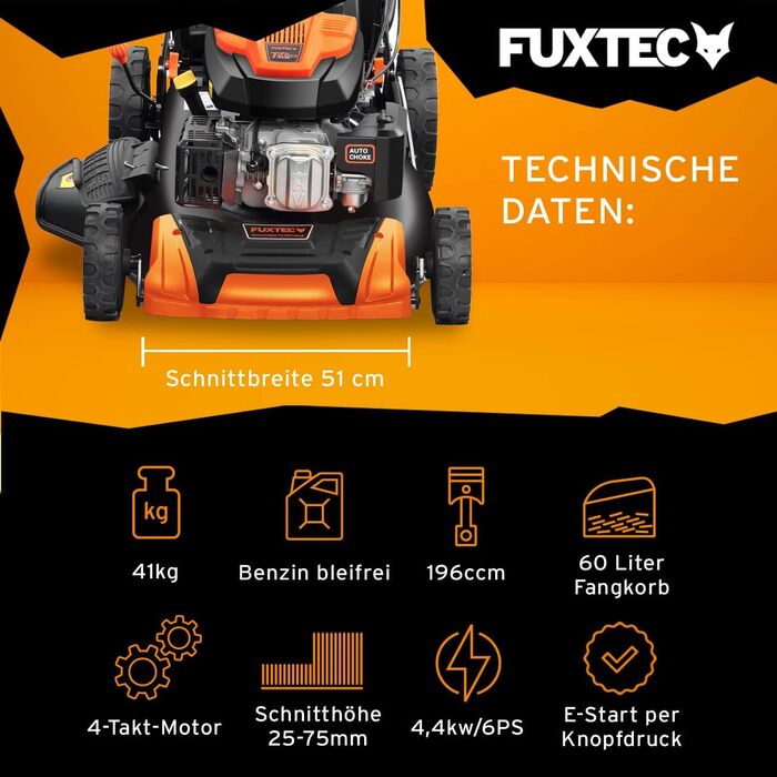 Бензинова газонокосарка FUXTEC 4 в 1 FX-RM5196eSPRO з E-Start і регульованим самозапуском, садова косарка з переднім бампером, ширина зрізу 51 см, колеса Big Wheel на шарикопідшипниках, травозбірник на 60 л FlexSpeed і E-START