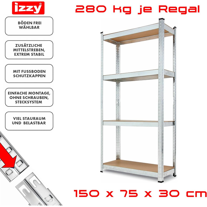 Полиця, міцна металева полиця для підвалу, надміцна полиця, полиця для зберігання, що вставляється в розетку, легко збирається, оцинкована, 4 полиці розміром 150 x 75 x 30 см, вантажопідйомність 280 кг 1 полиця - 150 x 75 x 30 см, 1