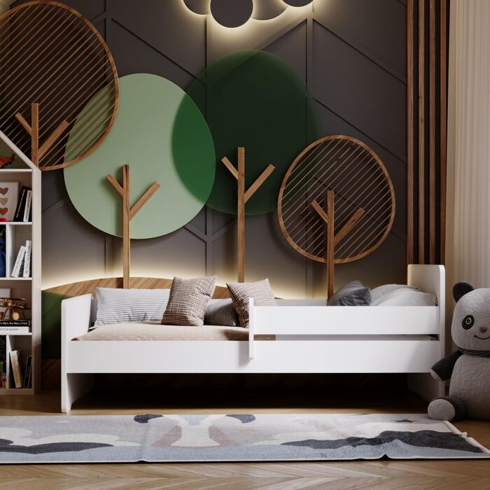 Дитяче ліжко KOBI Max, біле, з поручнями, матрацом та каркасом 160x80 Ліжко для однієї дівчинки та одного хлопчика Комплект дитячої кімнати