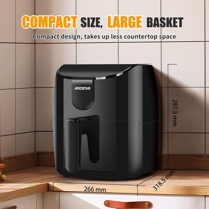 Аерофритюрниця Aigostar Hayden X 4 л, 9 програм аерофритюрниці 1500 Вт, світлодіодний сенсорний екран, таймер на 60 хвилин, інтелектуальне попереднє нагрівання, функція попереднього нагрівання та нагадування про струс, безмасляна фритюрниця, без бісфенолу