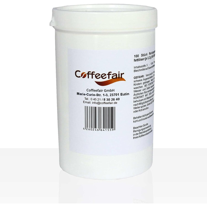 Таблетки для очищення кавомашини Coffeefair, 100 шт. x 3,2г, універсальні, інтенсивні та безпечні для матеріалів, сумісні з Jura, Saeco, Melitta, WMF, Bosch, Siemens, Delonghi, Miele